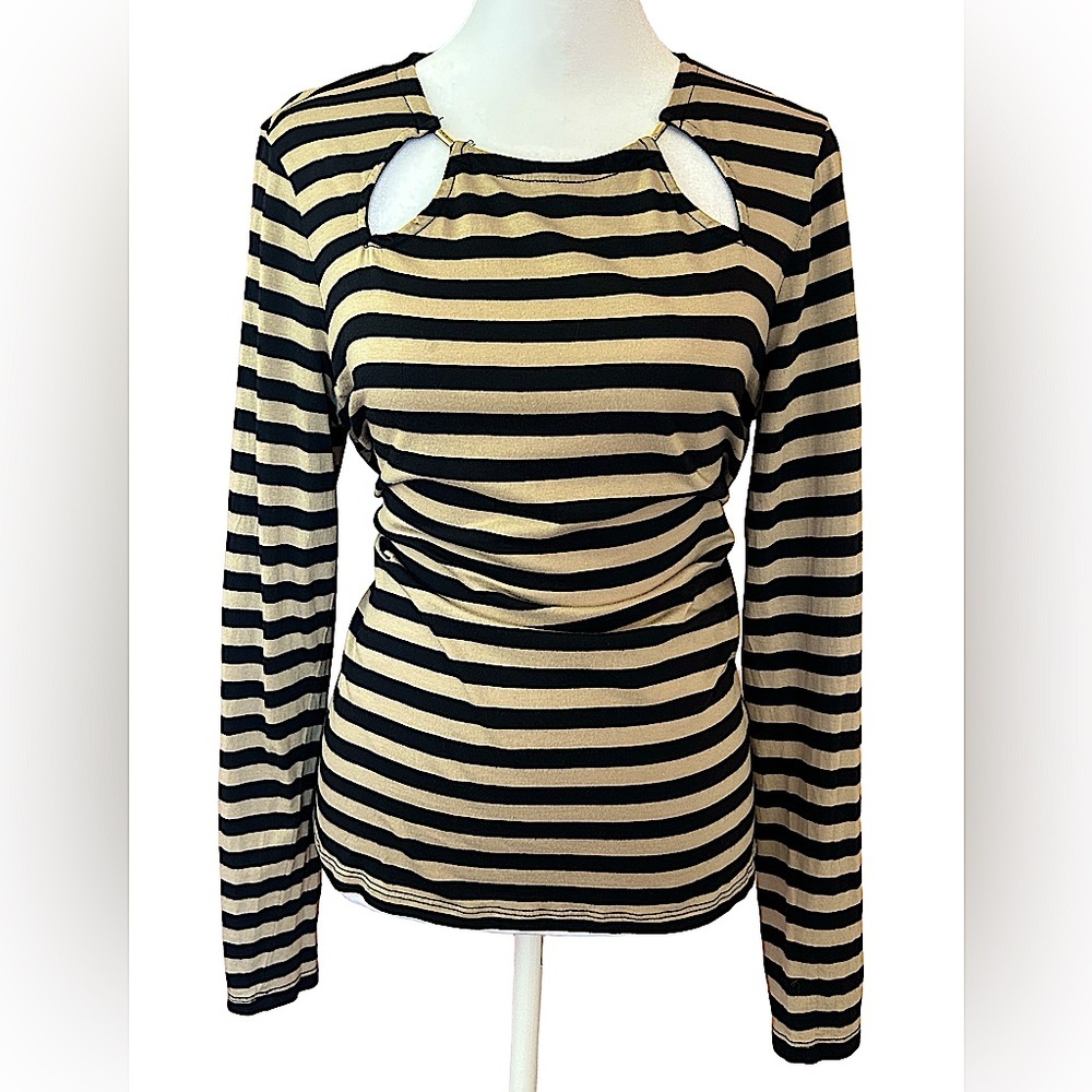 Michael Kors Black & Cream Striped Long-Sleeve Top with Neck Cutouts